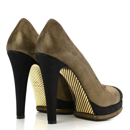 Chanel Metallic Fabric CC Cap Toe Pumps 39.5 Khaki Black 4 of 9