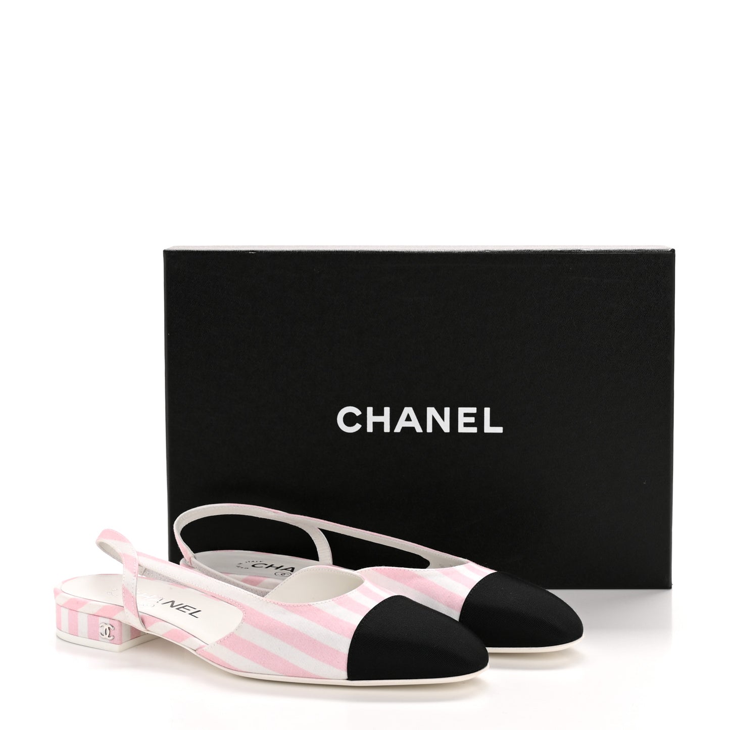 Printed Fabric Grosgrain Cap Toe Slingback Flats 37 White Pink Black