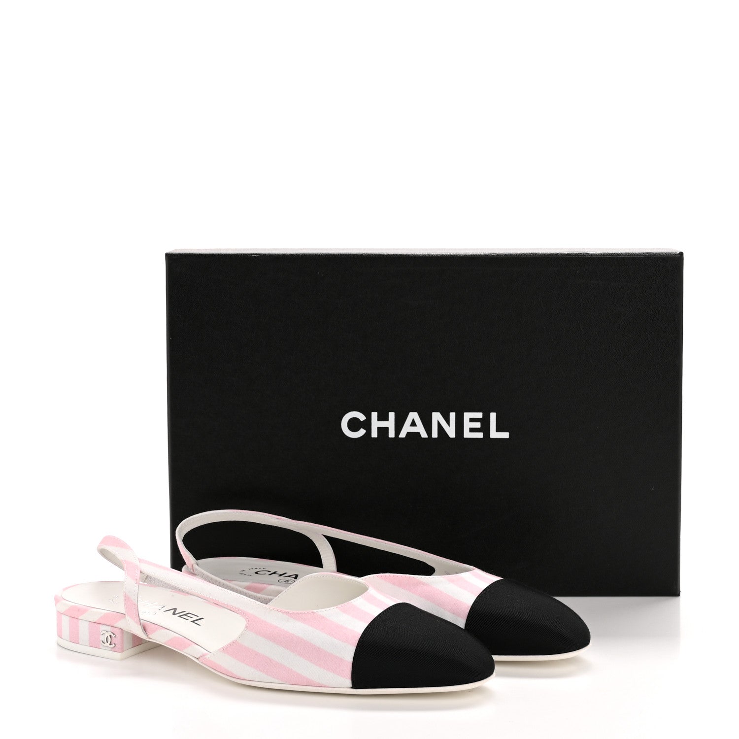Chanel Printed Fabric Grosgrain Cap Toe Slingback Flats 37 White Pink Black 11 of 11