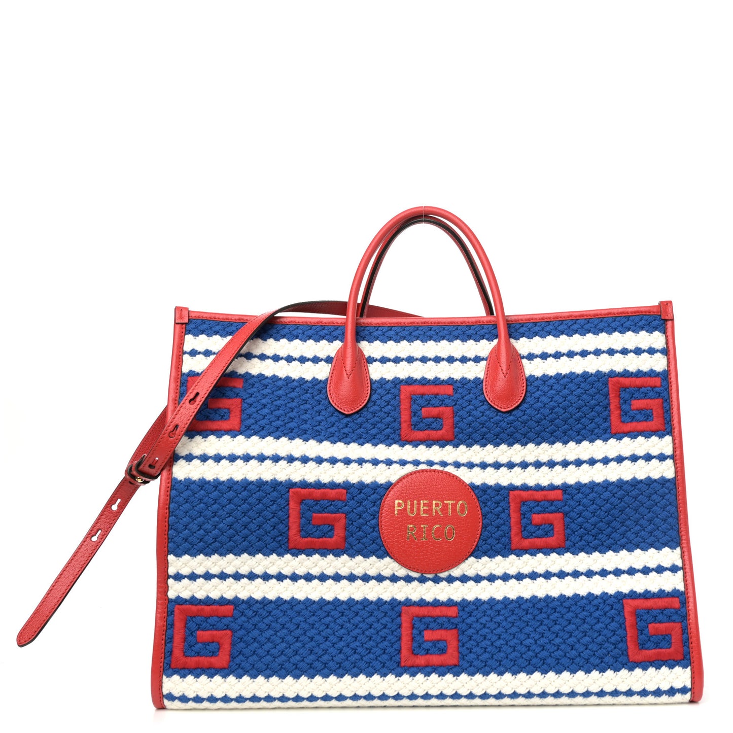 Fabric Embroidered Puerto Rico Striped Tote Bag Red White Blue
