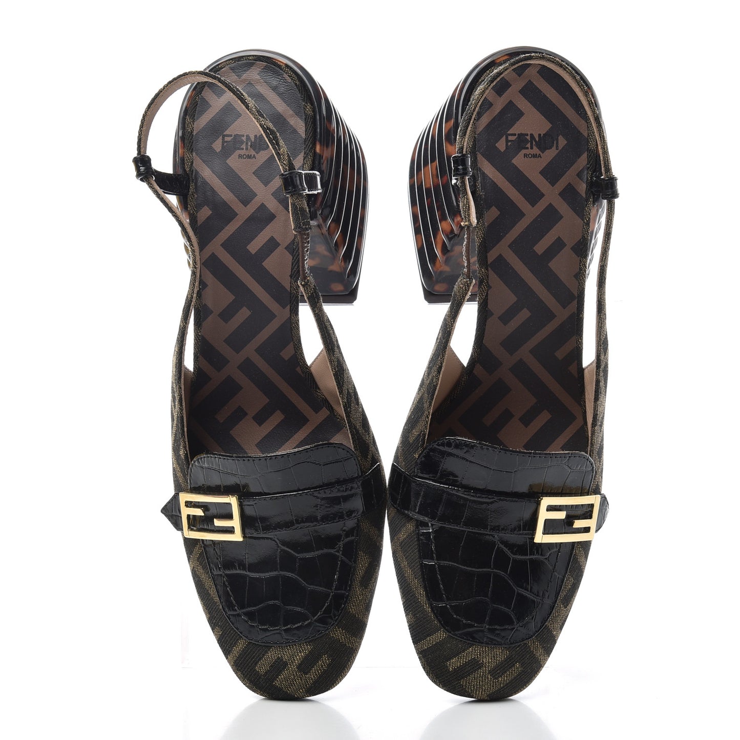 Jacquard Calfskin FF Tortoise Promenade Slingback Loafer Pumps 38.5 Tobacco