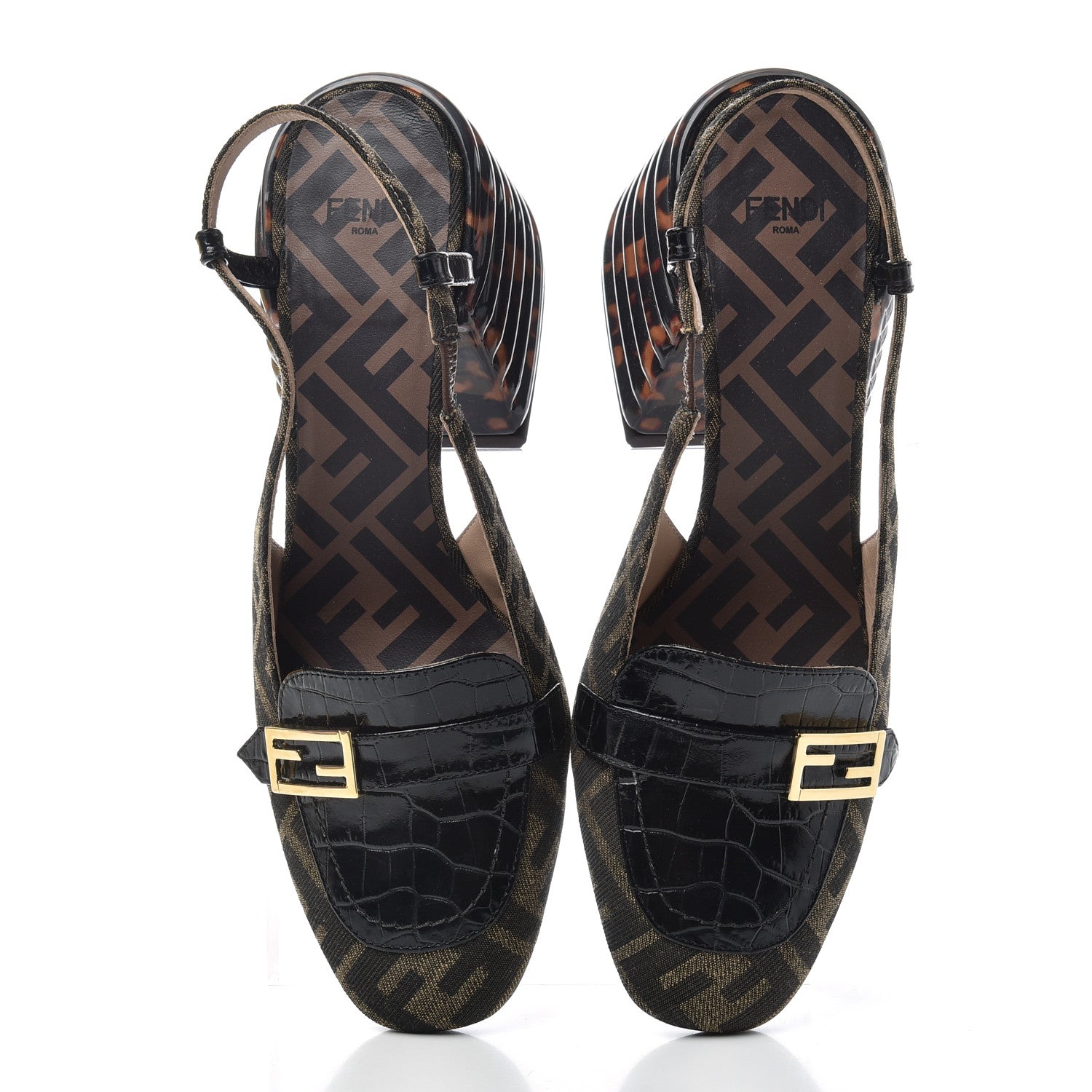 Fendi Jacquard Calfskin FF Tortoise Promenade Slingback Loafer Pumps 38.5 Tobacco 5 of 11