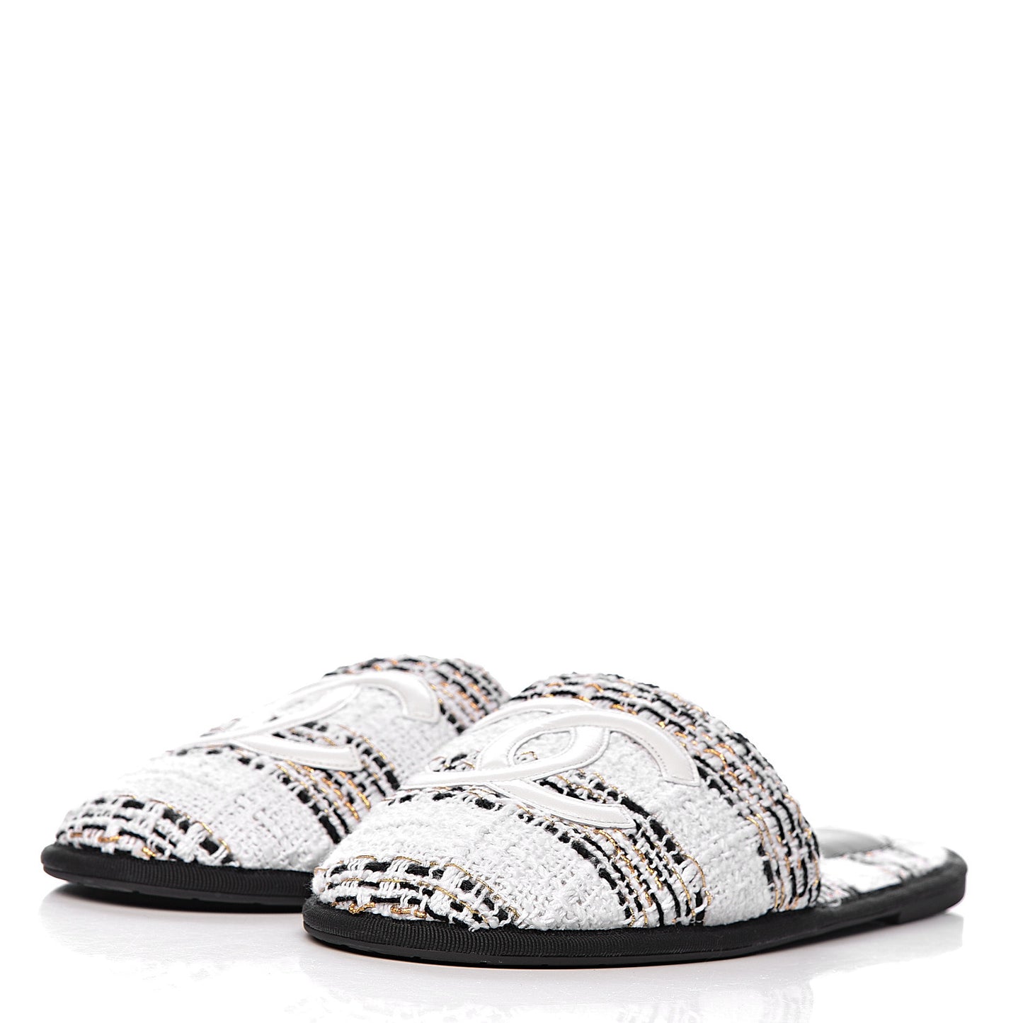 Tweed CC Flat Mules M White Black Gold