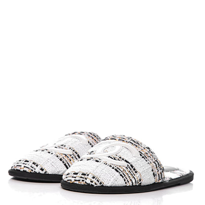 Chanel Tweed CC Flat Mules M White Black Gold 3 of 11
