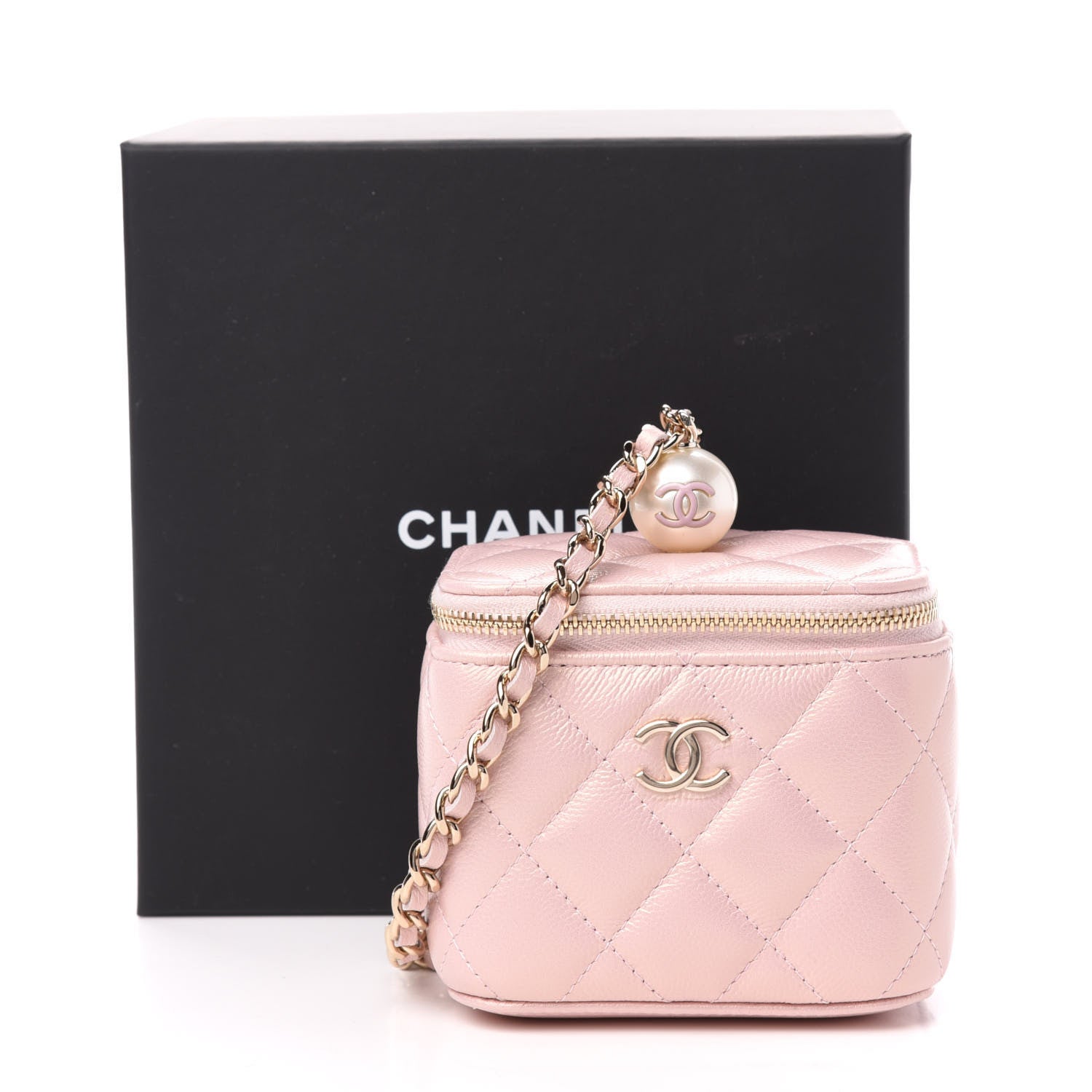 Chanel Iridescent Caviar Quilted Mini Pearl On Top Vanity Case With Chain Light Pink 11 of 11