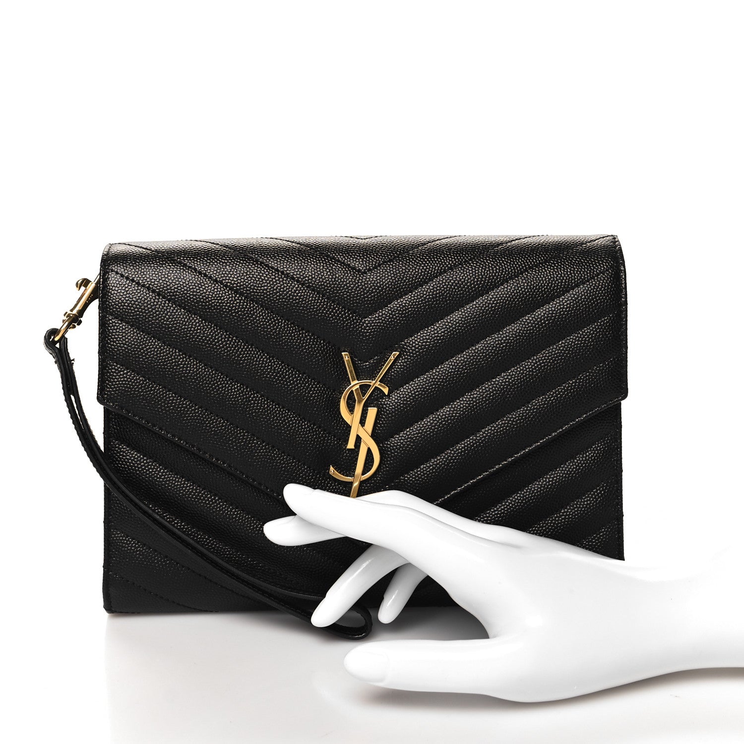 Saint Laurent Grain De Poudre Matelasse Chevron Monogram Envelope Clutch Black 2 of 10