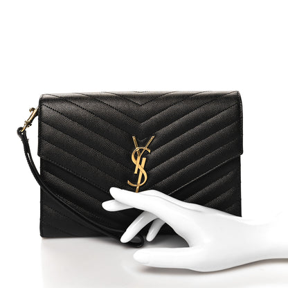 Saint Laurent Grain De Poudre Matelasse Chevron Monogram Envelope Clutch Black 2 of 10
