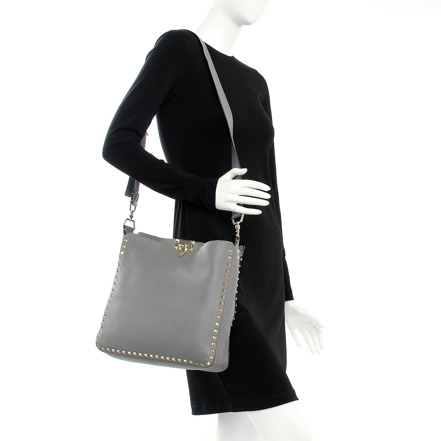 Pebbled Calfskin Large Rockstud Flip-Lock Messenger Bag Grey