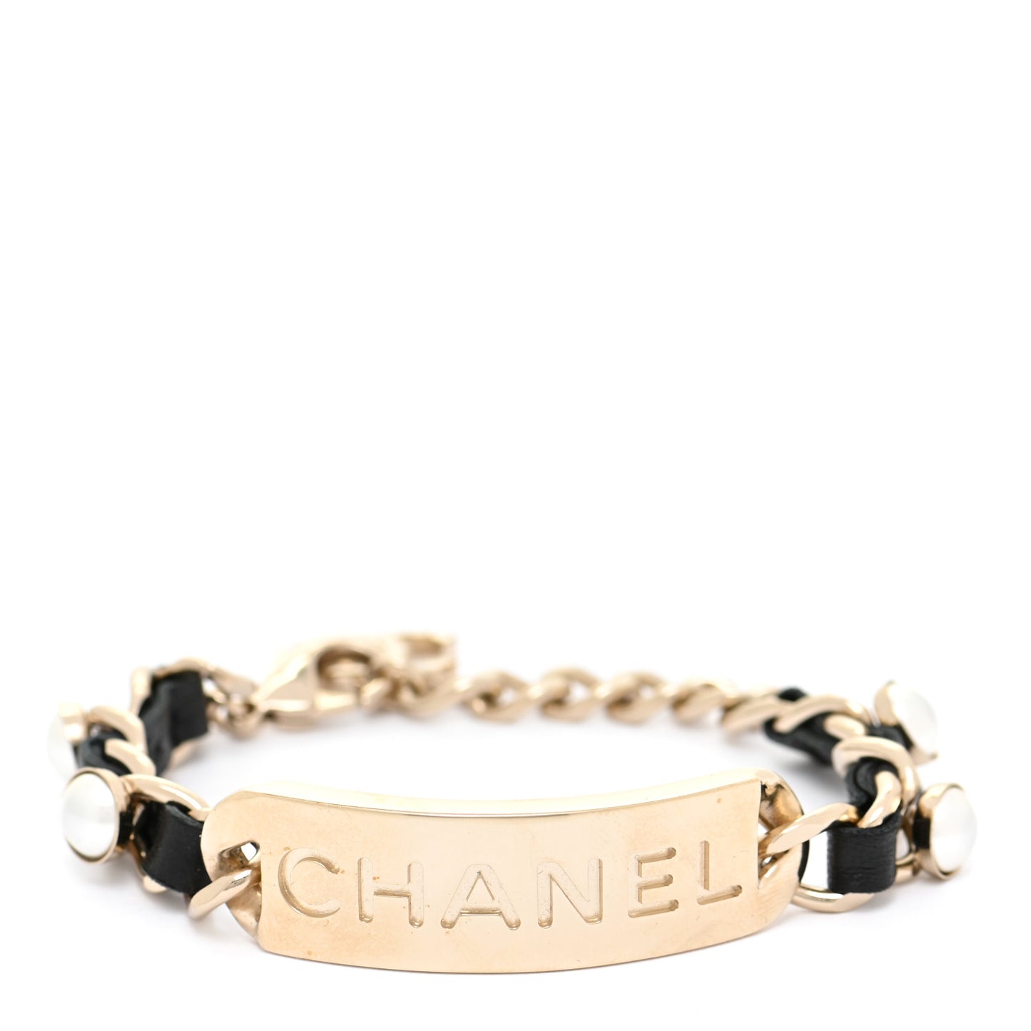 Metal Lambskin Pearl Name Plate Bracelet Black Gold