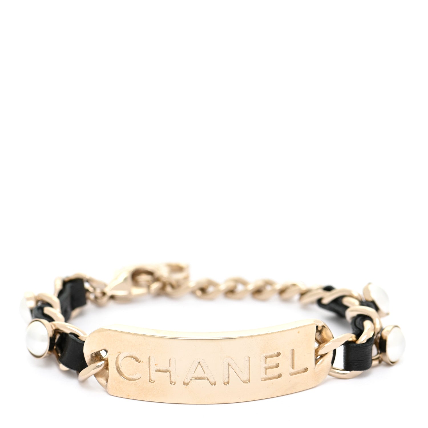 Chanel Metal Lambskin Pearl Name Plate Bracelet Black Gold 1 of 5