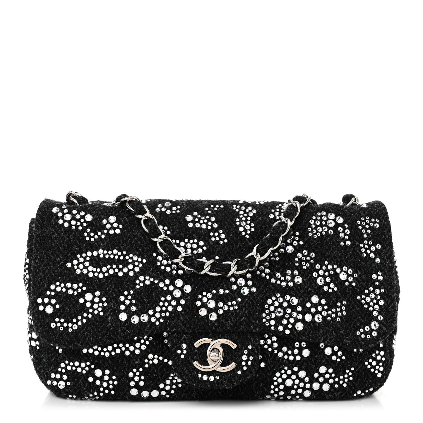 Tweed Swarovski Crystal Leopard Jumbo Flap  Black