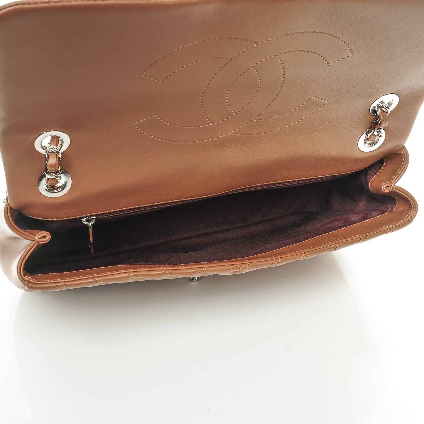 Lambskin Chevron Double Stitch Jumbo Single Flap Camel