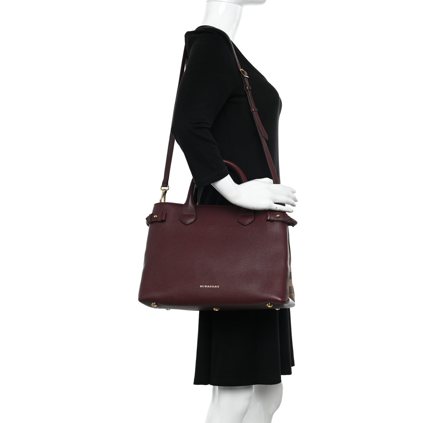 Grainy Calfskin House Check Medium Banner Tote Mahogany Red