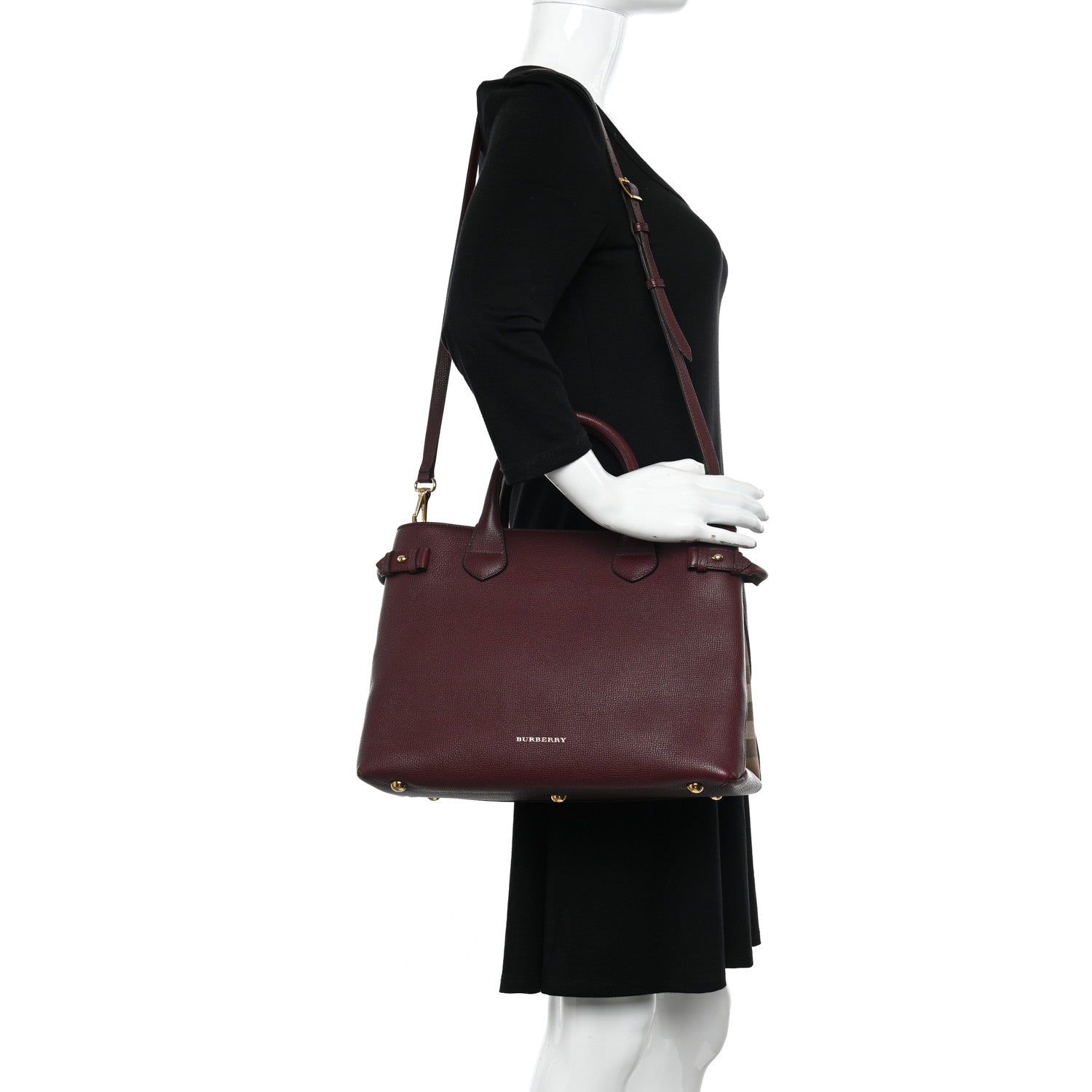 Burberry Grainy Calfskin House Check Medium Banner Tote Mahogany Red 2 of 17