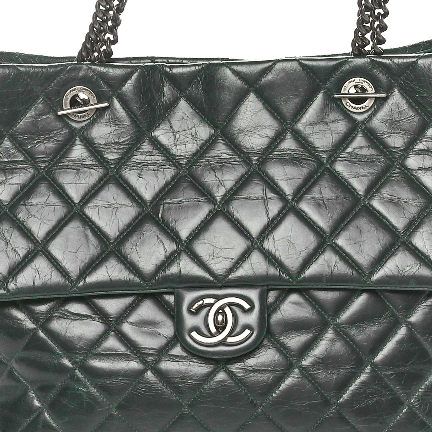 Glazed Calfskin Quilted Duo Color Large Tote Dark Green