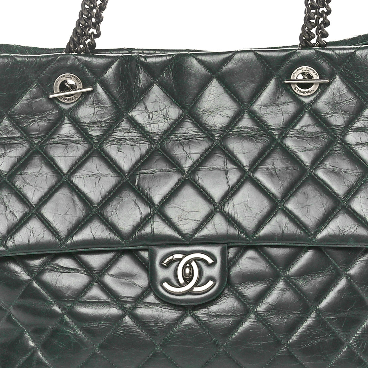 Chanel Glazed Calfskin Quilted Duo Color Large Tote Dark Green 8 of 10