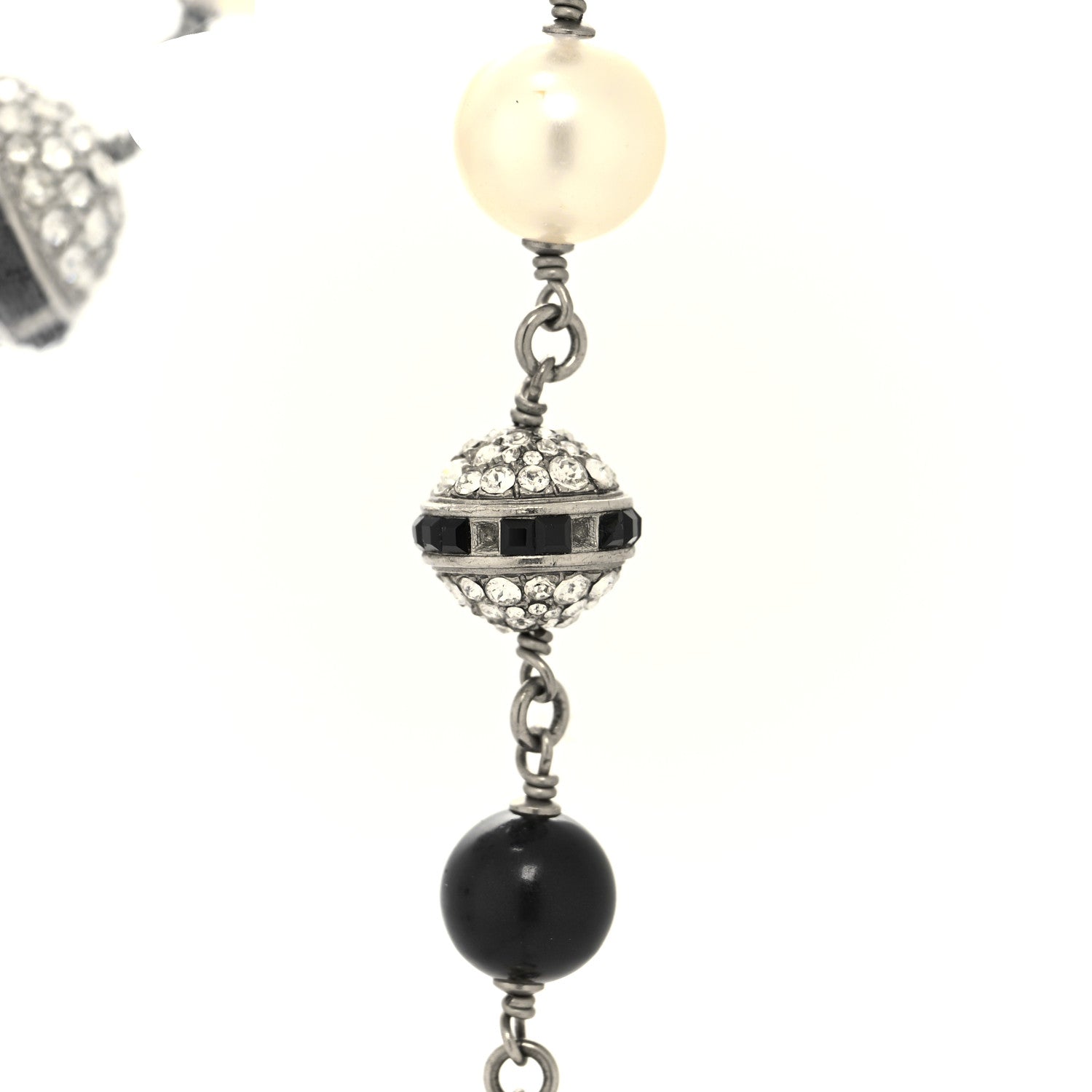 Chanel Metal Pearl Crystal Bead CC Long Necklace Silver Black 6 of 7
