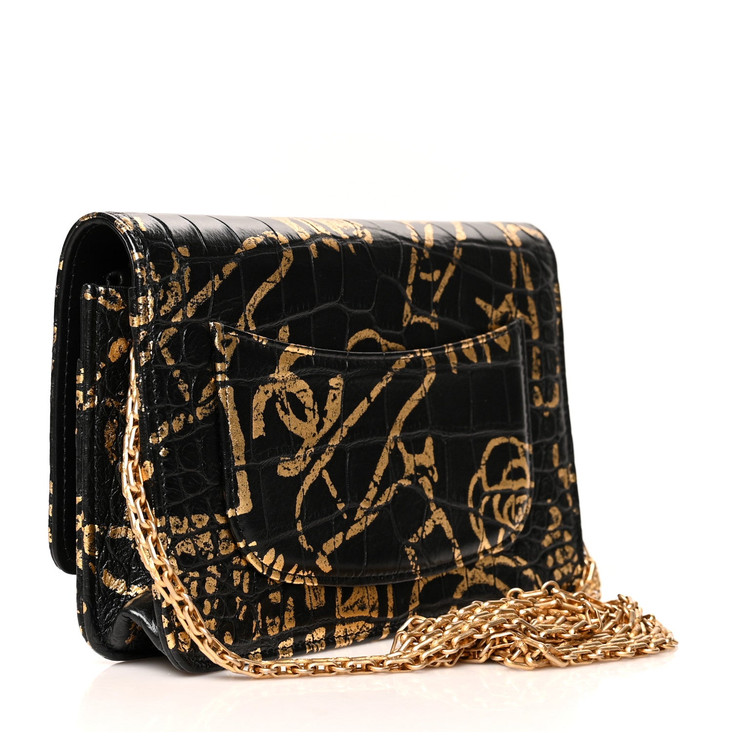 Chanel Calfskin Crocodile Embossed Graffiti 2.55 Cocodile Reissue Wallet On Chain WOC Black Gold 3 of 11