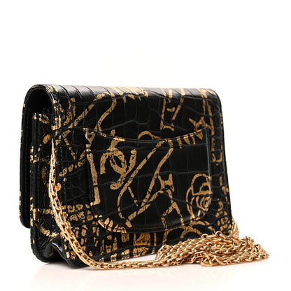 Chanel Calfskin Crocodile Embossed Graffiti 2.55 Cocodile Reissue Wallet On Chain WOC Black Gold 3 of 11