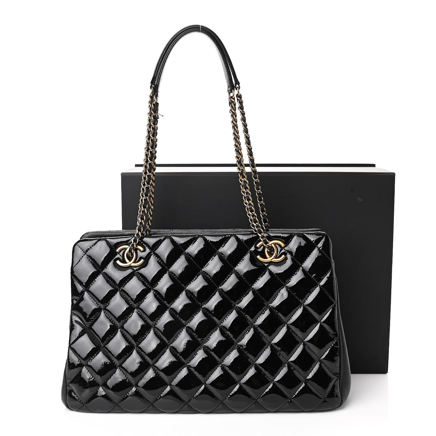 Patent Goatskin Quilted Small CC Eyelet Tote Black