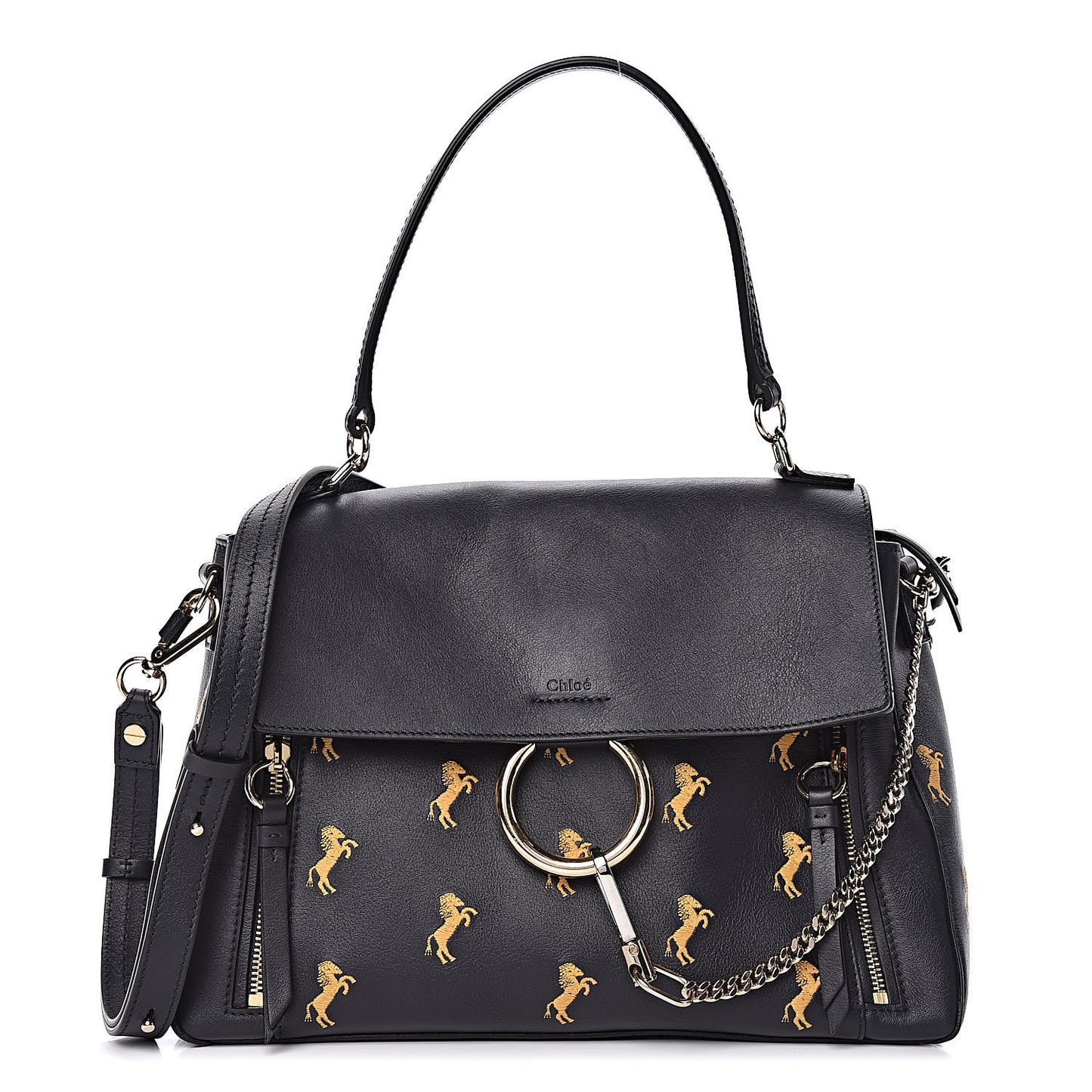 Smooth Calfskin Little Horses Embroidered Medium Faye Day Shoulder Bag Full Blue