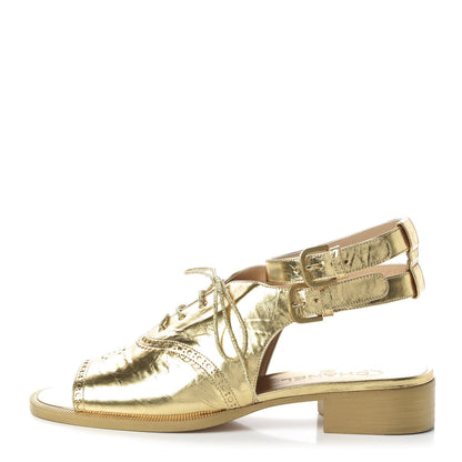 Chanel Metallic Calfskin CC Brogue Lace Up Ankle Strap Oxford Peep Toe Sandals 40 Gold 1 of 8