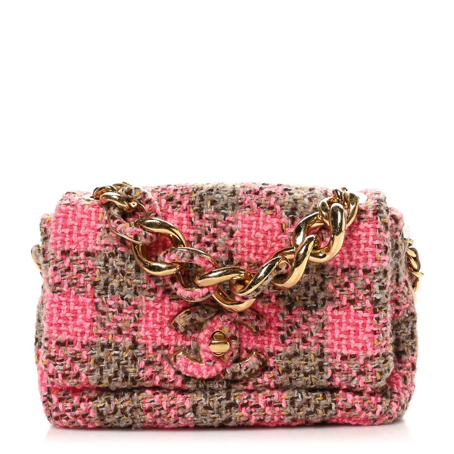 Wool Tweed Quilted Small Elegant Chain Flap Pink Brown