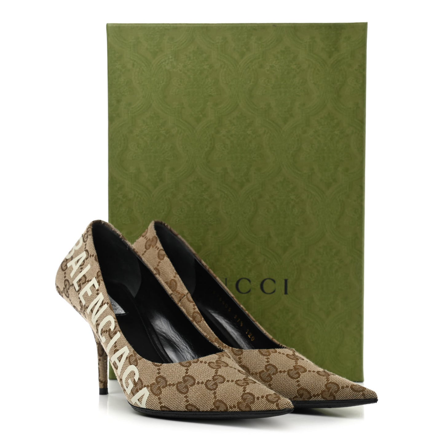 X GUCCI GG Monogram Square Knife 80mm Pumps 37.5 Beige Ebony