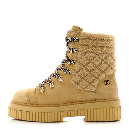 Chanel Suede Shearling Quilted CC Combat Boots 36 Beige 1 of 9
