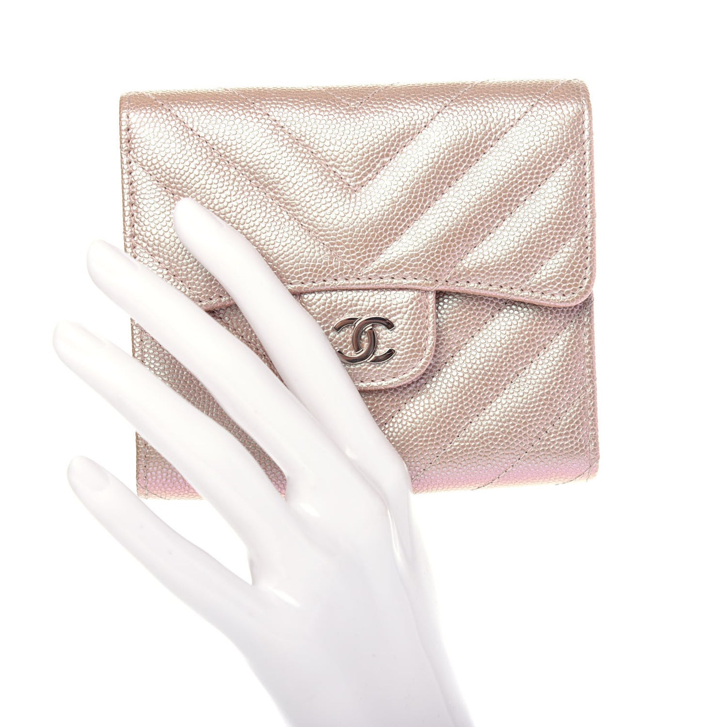 Metallic Caviar Chevron Quilted Compact Flap Wallet Light Gold