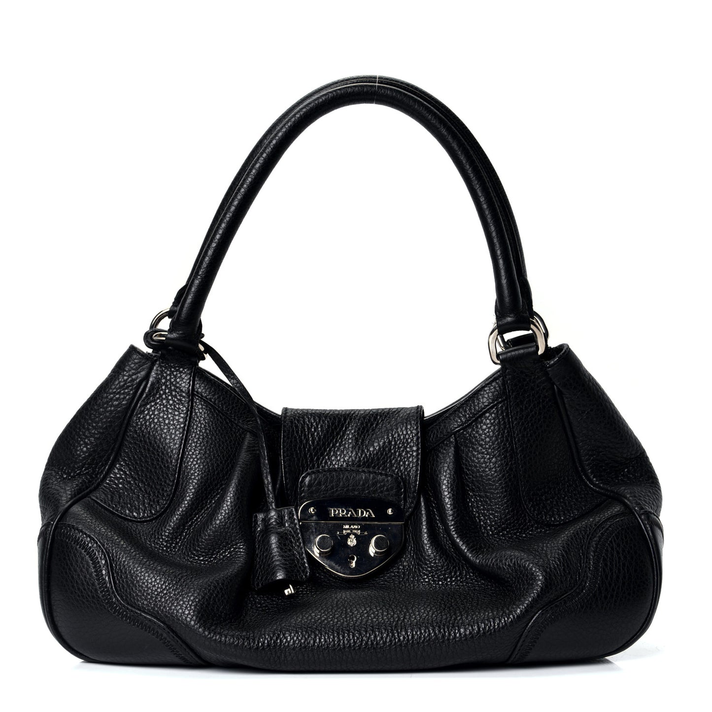 Vitello Daino Pushlock Flap Shoulder Bag Black