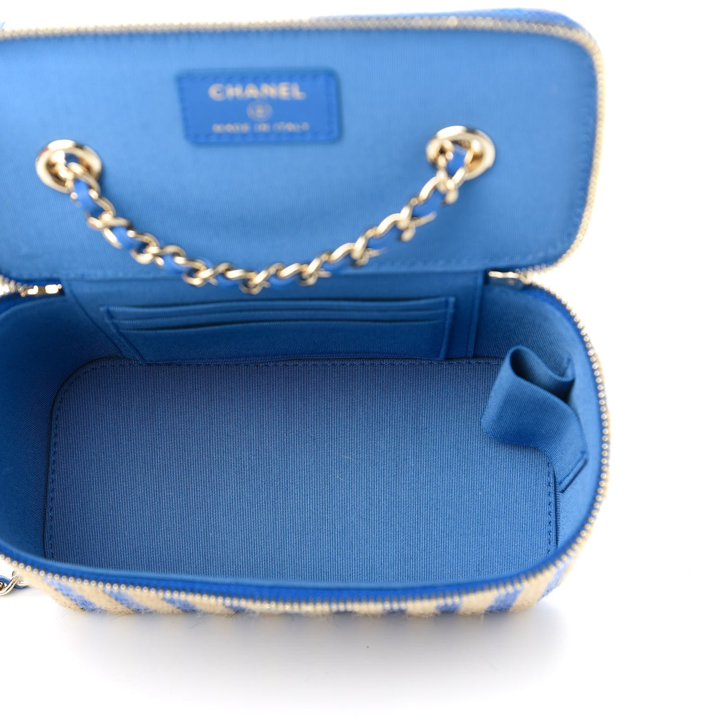 Raffia Jute Striped Small Vanity Case With Chain Blue Beige