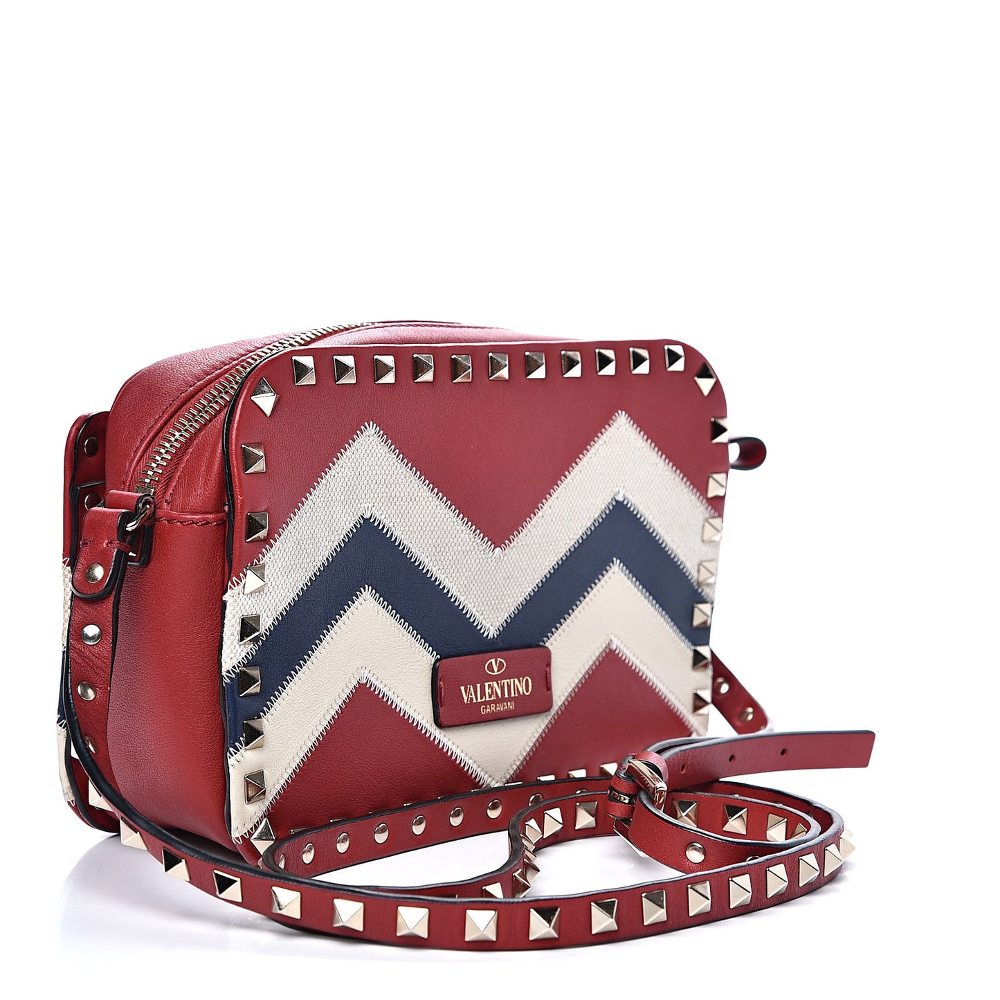 Calfskin Canvas Zig Zag Print Rockstud Flip Lock Camera Crossbody Bag Red Blue