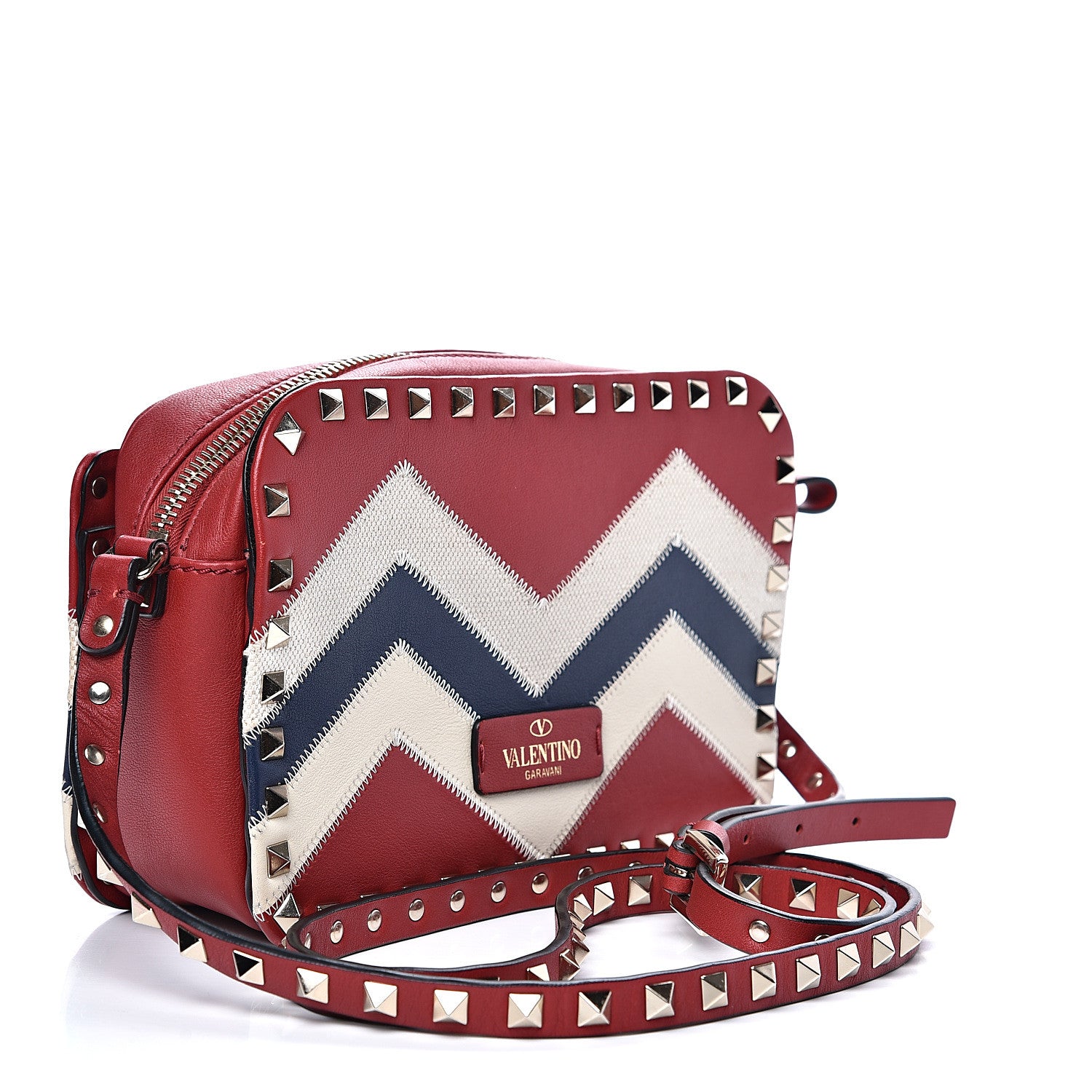 Valentino Garavani Calfskin Canvas Zig Zag Print Rockstud Flip Lock Camera Crossbody Bag Red Blue 2 of 11