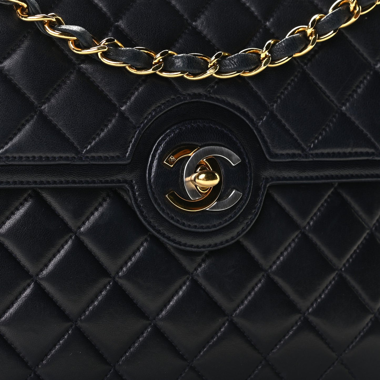 Lambskin Quilted Medium Single Flap Navy Blue