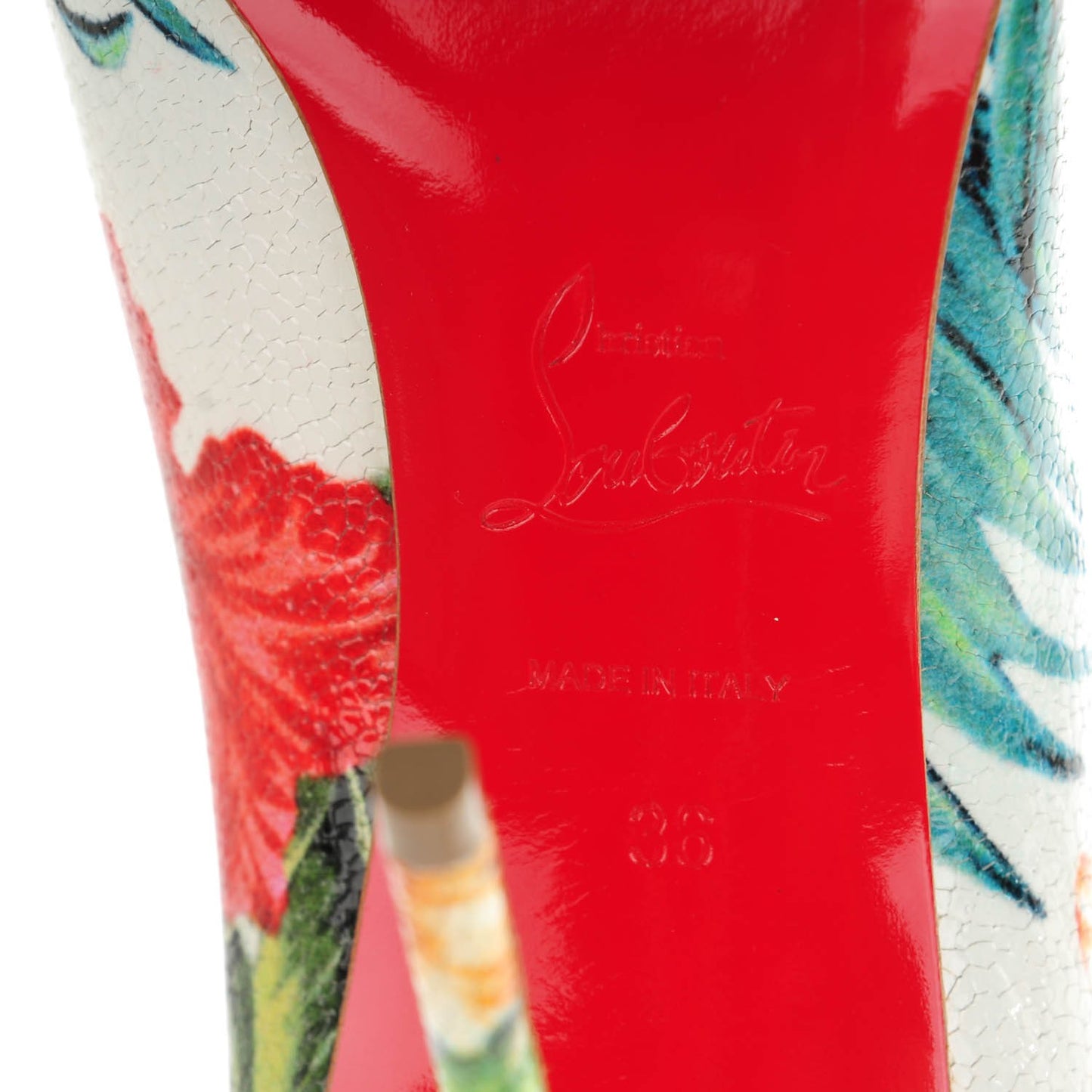 Crackled Calfskin Hawaiian Print Pigalle Follies 100 Pumps 36 White
