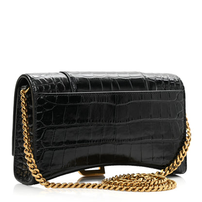 Balenciaga Shiny Calfskin Crocodile Embossed Hourglass Chain Bag Black 2 of 8