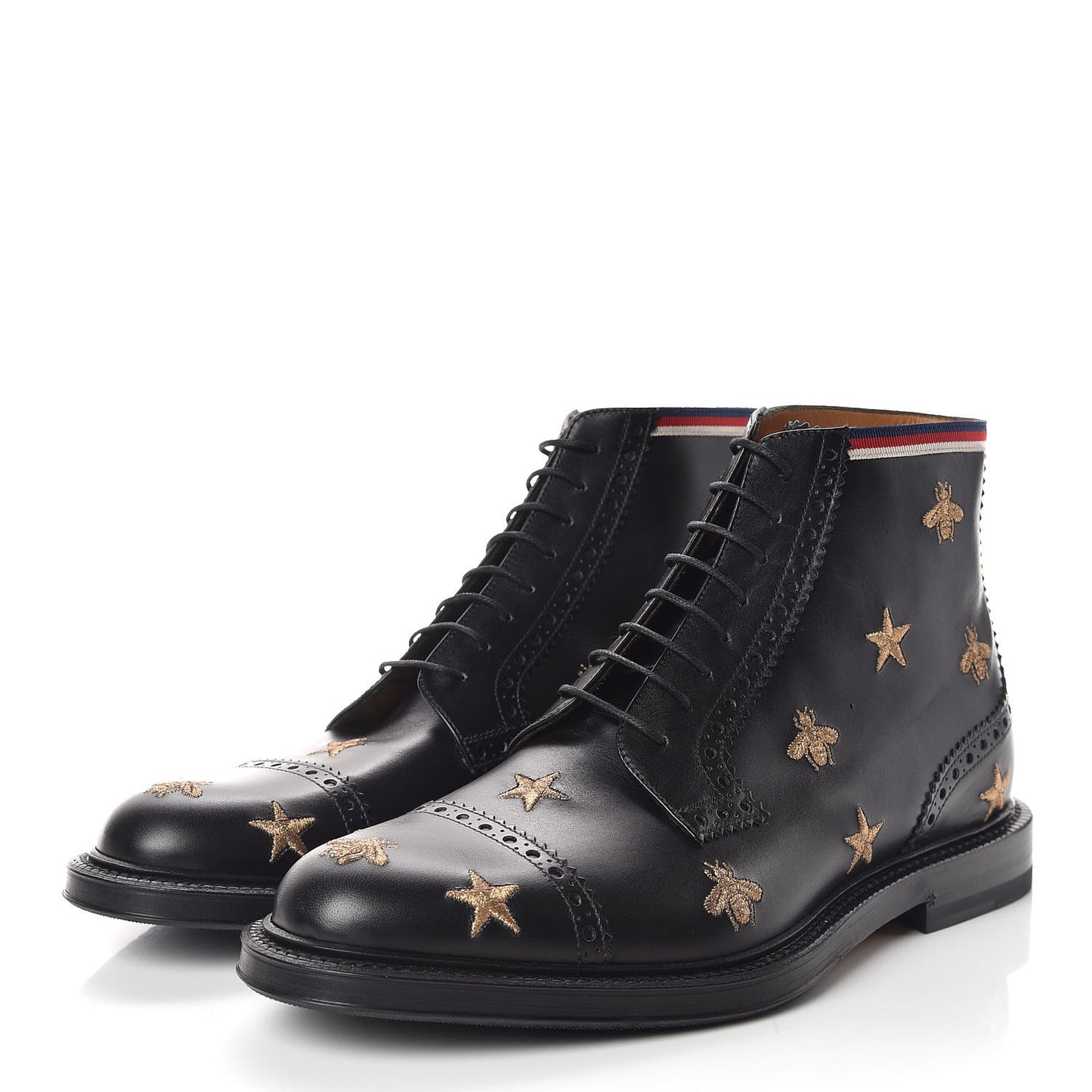 Calfskin Sylvie Web Bee Star Embroidered Mens Brogue Captoe Boots 7.5 Black