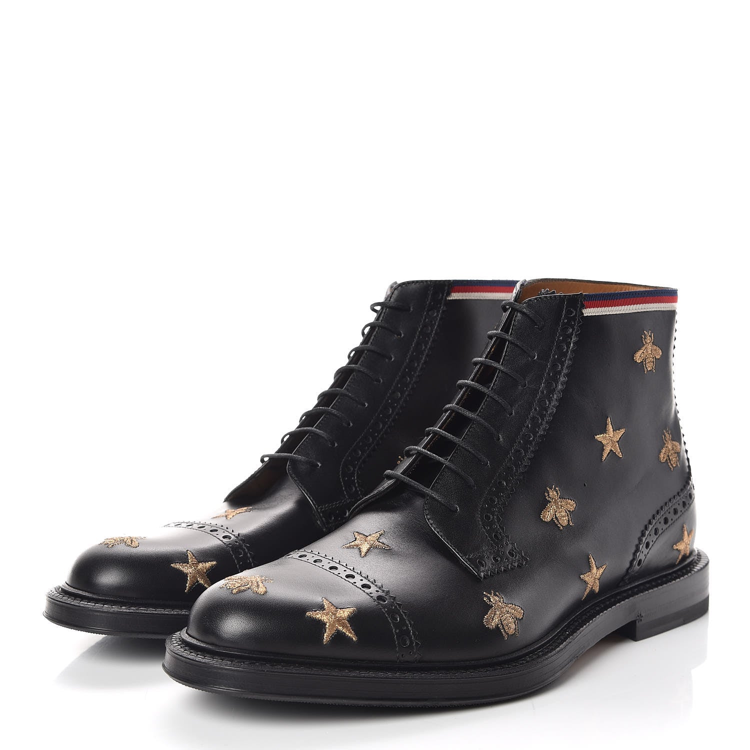Gucci Calfskin Sylvie Web Bee Star Embroidered Mens Brogue Captoe Boots 7.5 Black 3 of 9