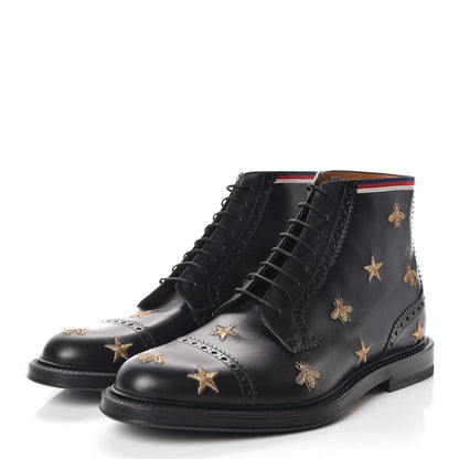 Gucci Calfskin Sylvie Web Bee Star Embroidered Mens Brogue Captoe Boots 7.5 Black 3 of 9