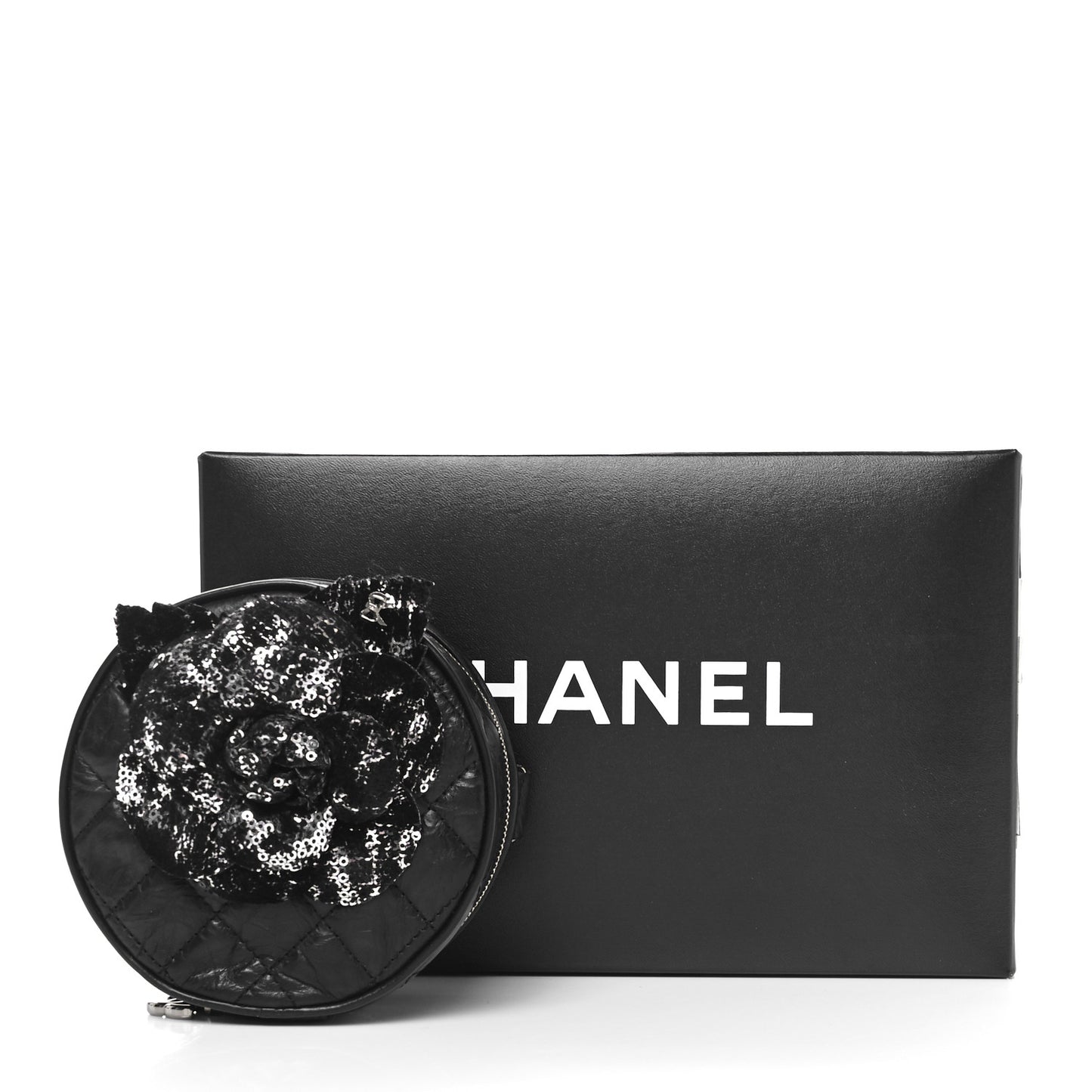 Aged Calfskin Sequin Quilted Camelia Clutch Black