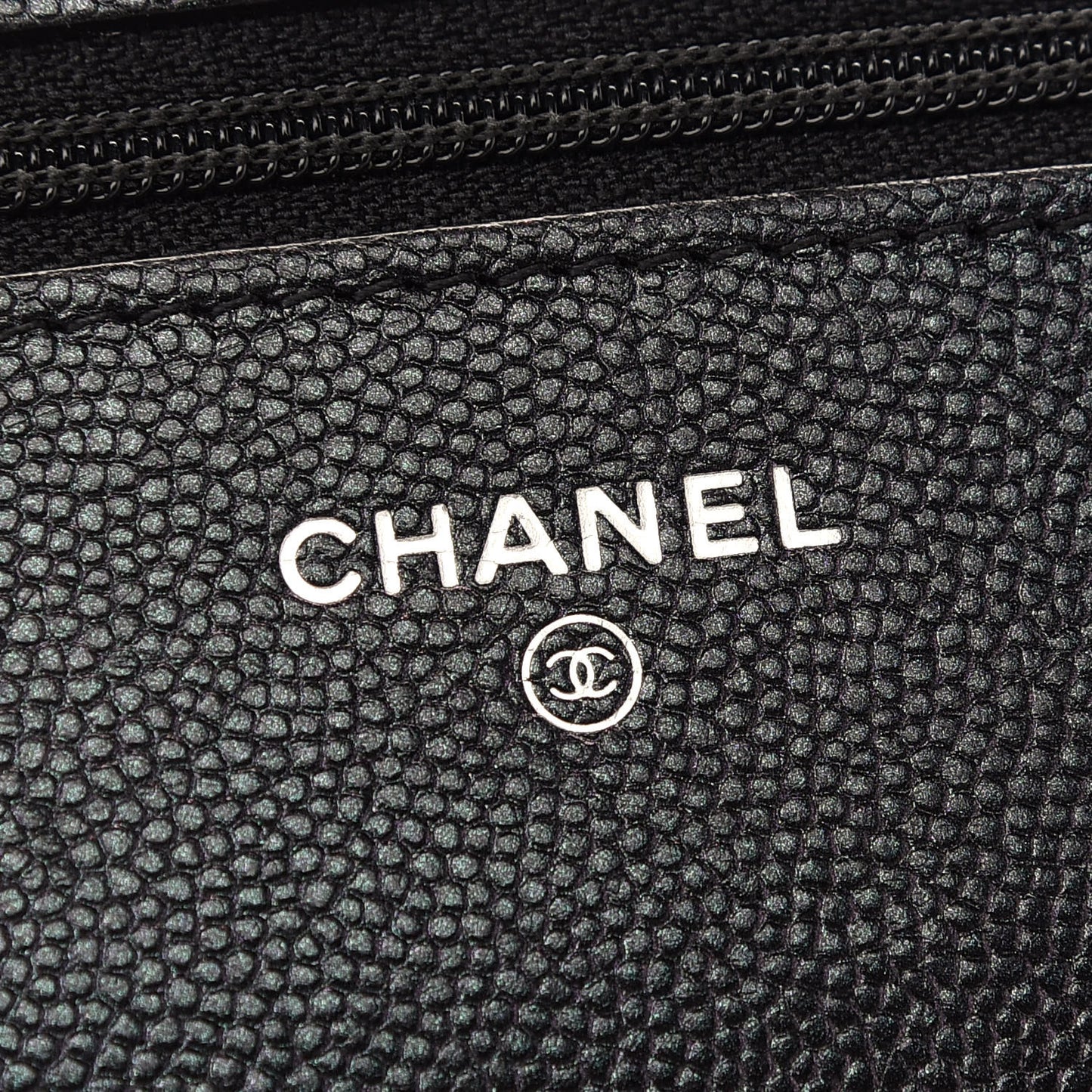 Iridescent Caviar Chevron Quilted Wallet On Chain WOC Black