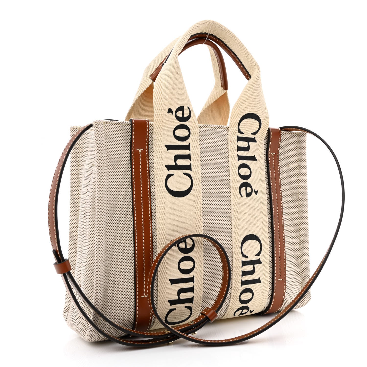 Chloe Cotton Calfskin Small Woody Ribbon Tote With Strap White Brown 3 of 10