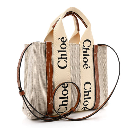 Chloe Cotton Calfskin Small Woody Ribbon Tote With Strap White Brown 3 of 10