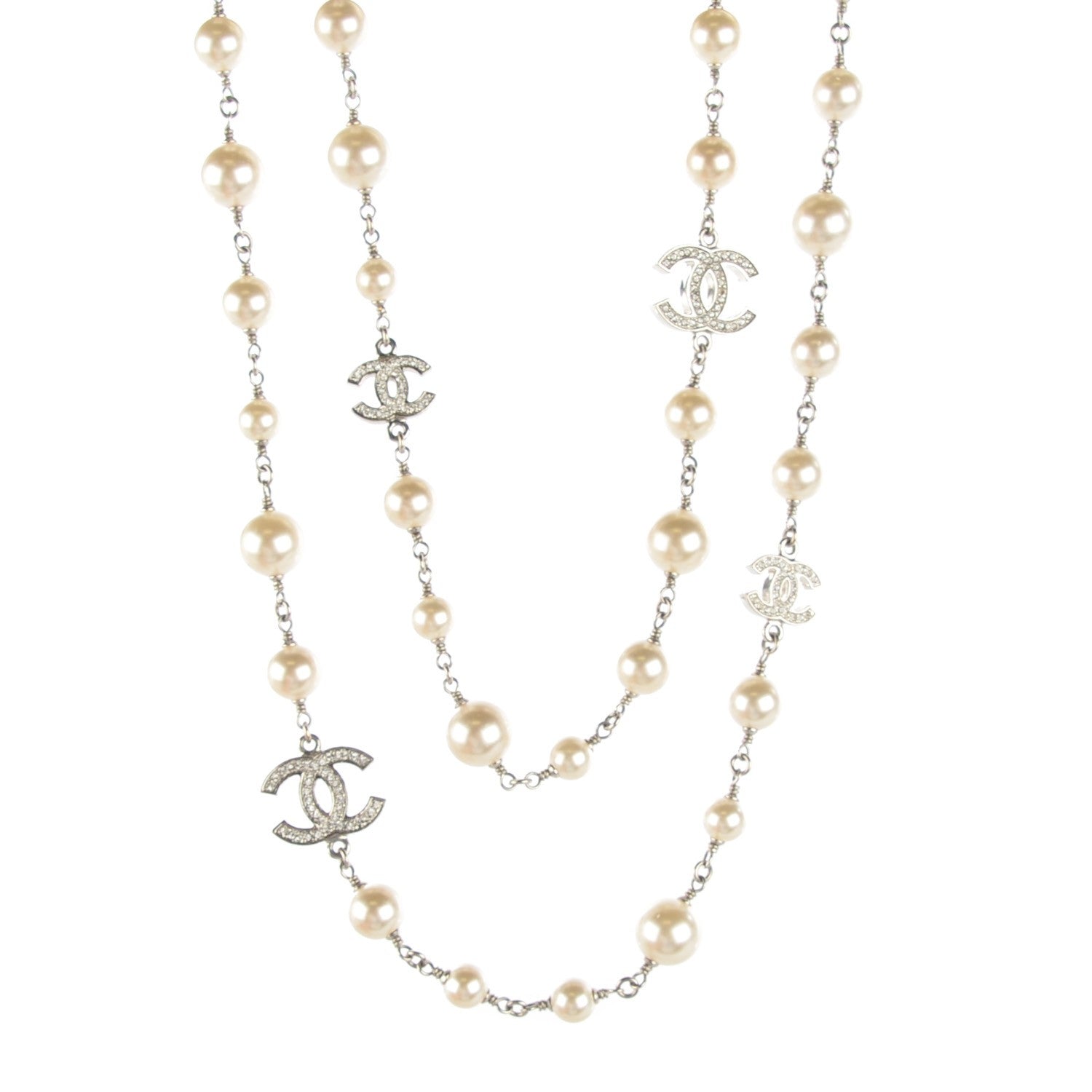 Chanel Crystal Pearl CC Long Necklace Silver 1 of 6