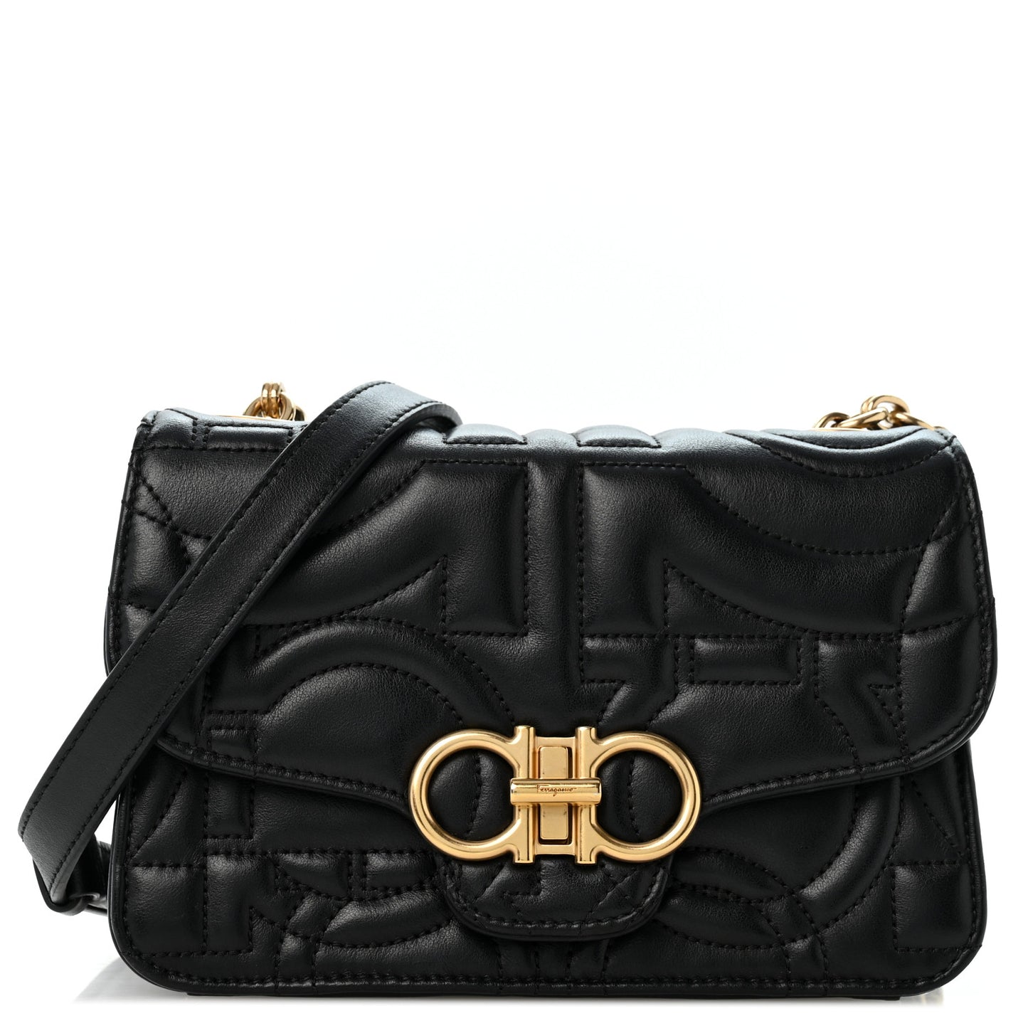 Calfskin Quilted Gancini Flap Bag Black