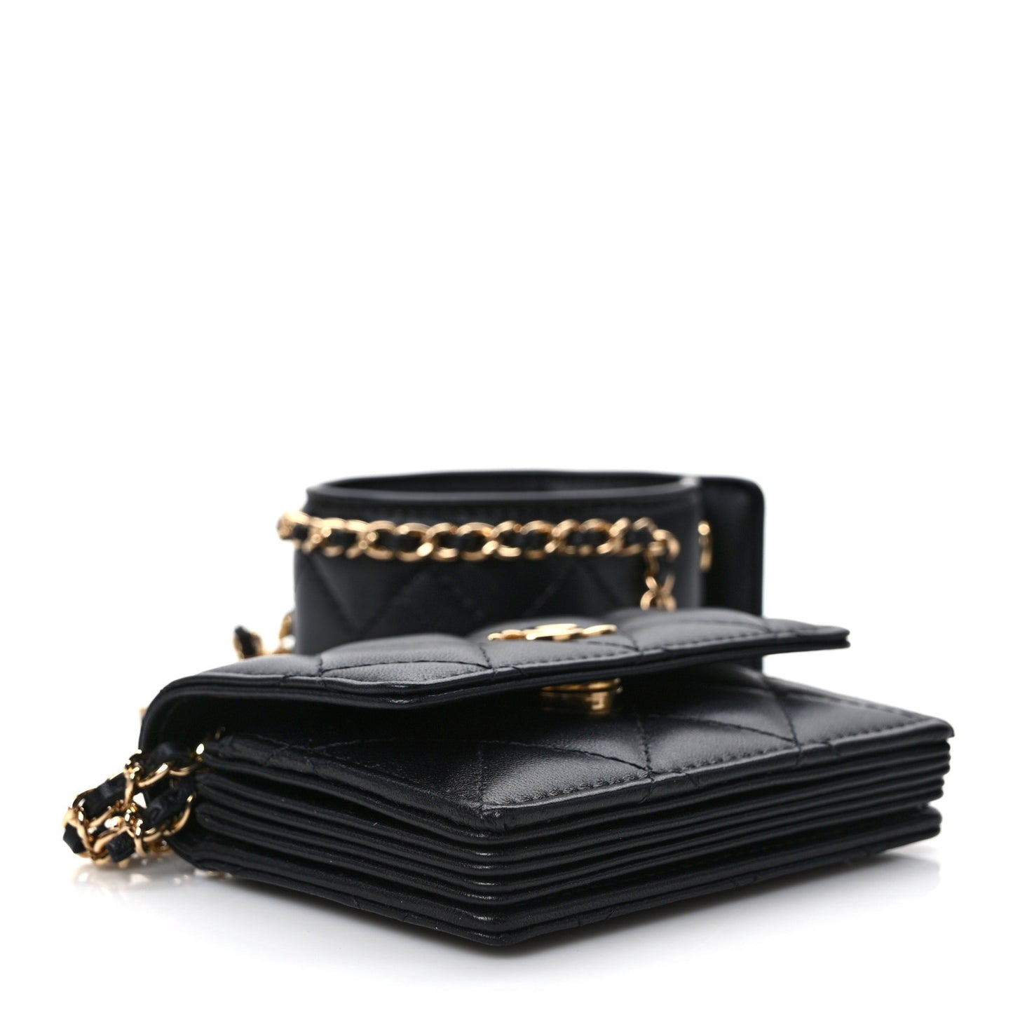 Lambskin Quilted Flap Card Holder With Cuff L Black