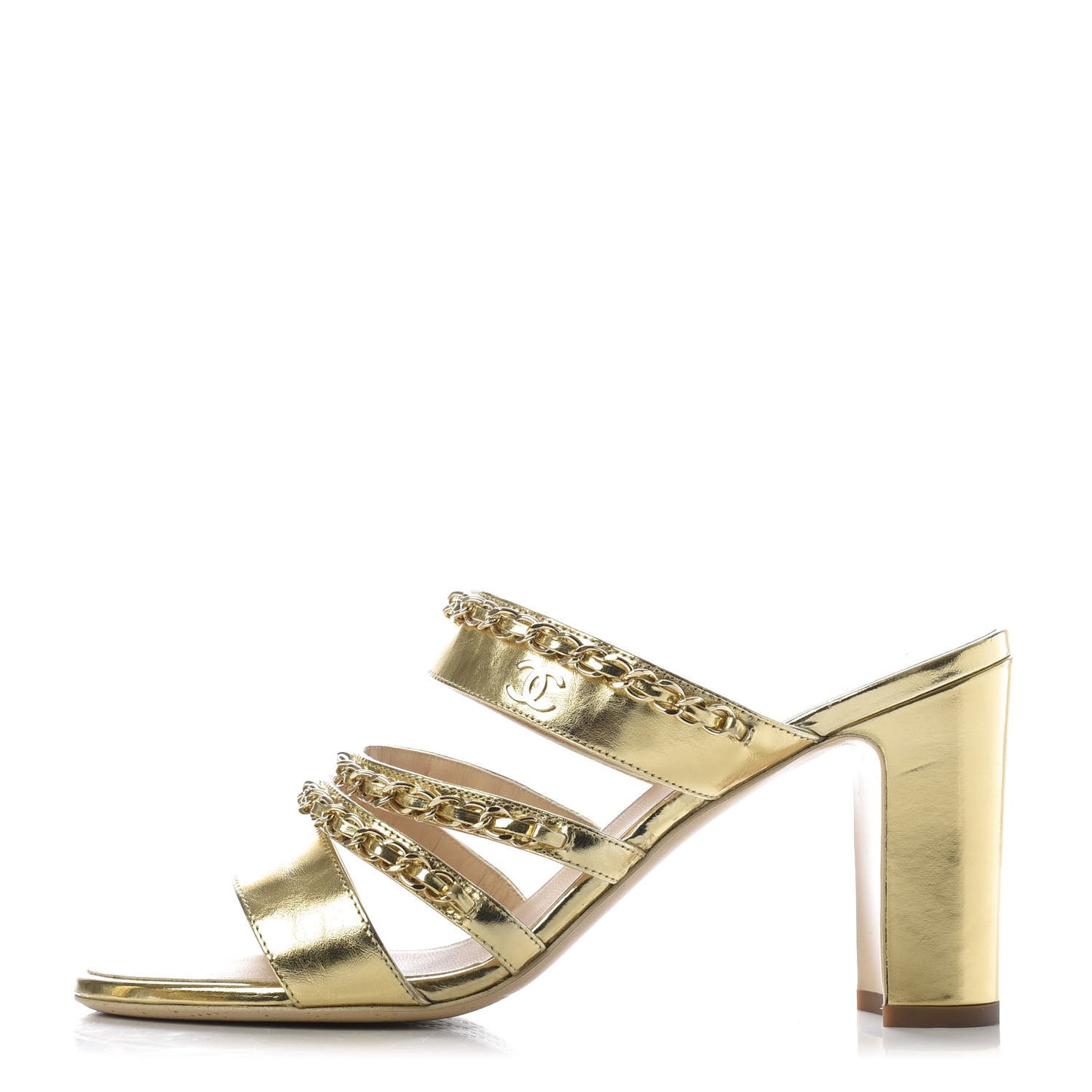 Laminated Lambskin Chain CC Mule Sandals 39 Gold