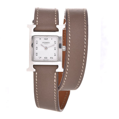 Hermes Stainless Steel Swift 21mm Heure H Hour Double Tour Quartz Watch Etoupe 1 of 9