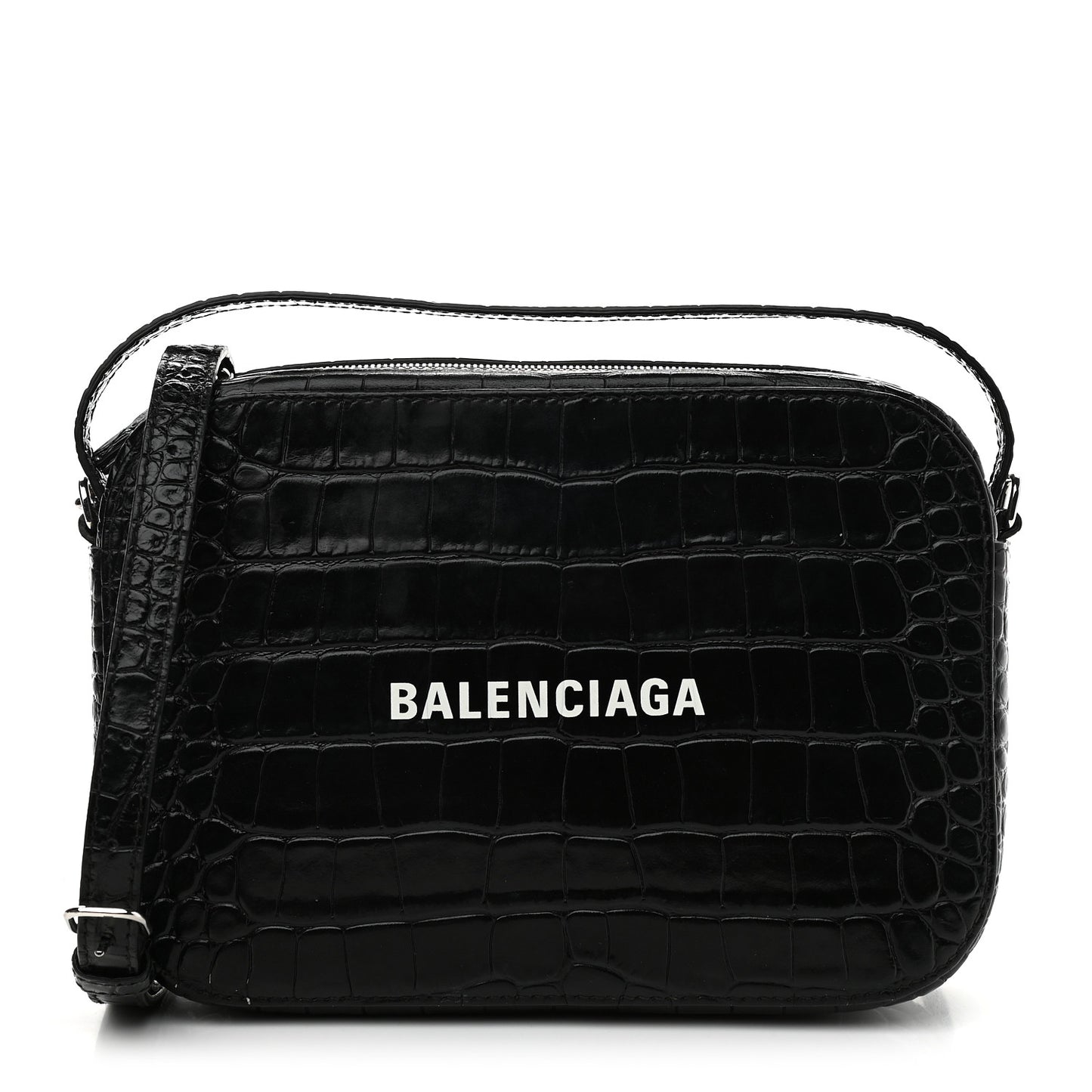 Shiny Calfskin Logo Crocodile Embossed S Everyday Camera Bag with Handle Black
